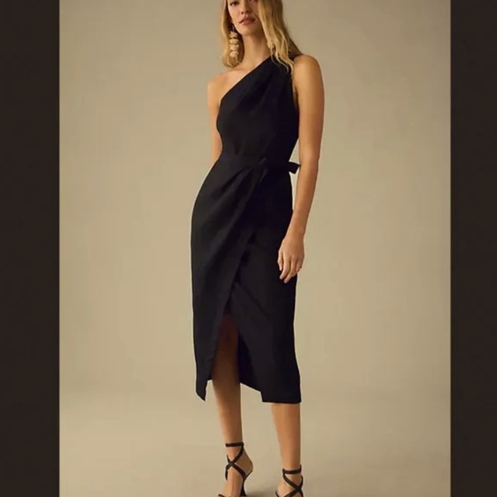 BY ANTHROPOLOGIE Women's One-Shoulder Side Zip Linen Dress Size US 6 In Black